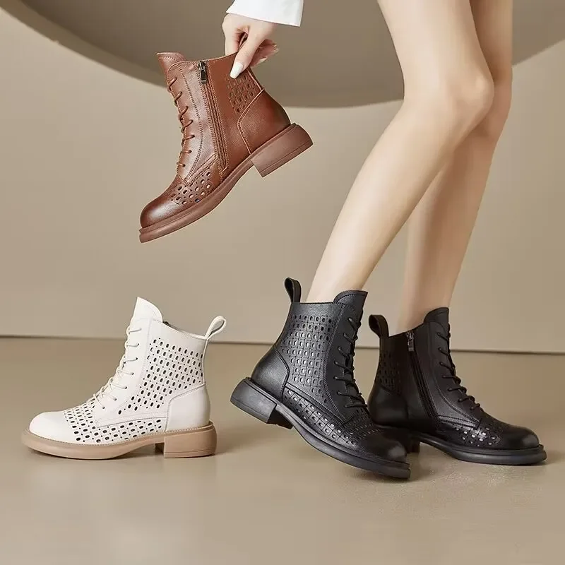 2024 New Uxst Retro Genuine Leather Hollow Cool Boots for Women with Thick Soles and Lace Up Korean Zipper Casual Women's Shoes