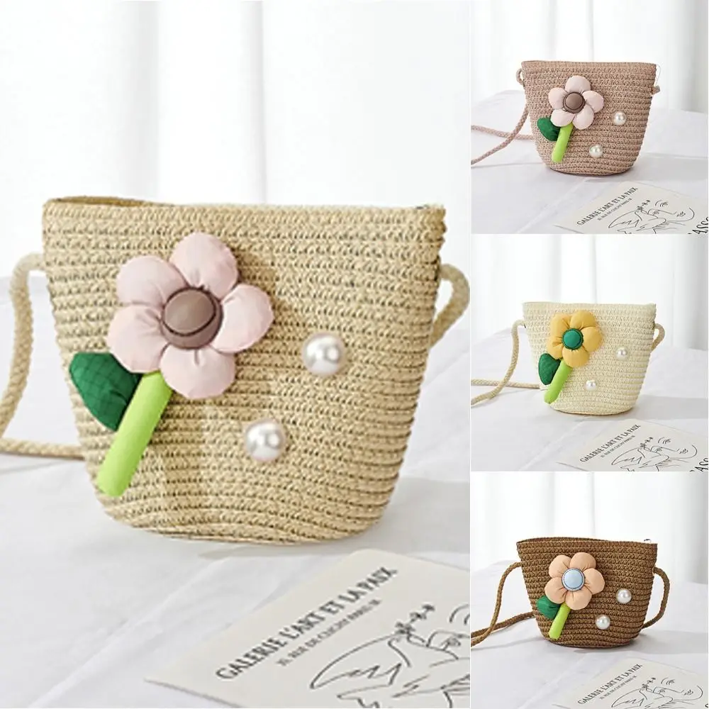 Creative Handwoven Kids Straw Bag Shell Shape Pearl Flower Shoulder Bag Princess Handbag for Children Girls