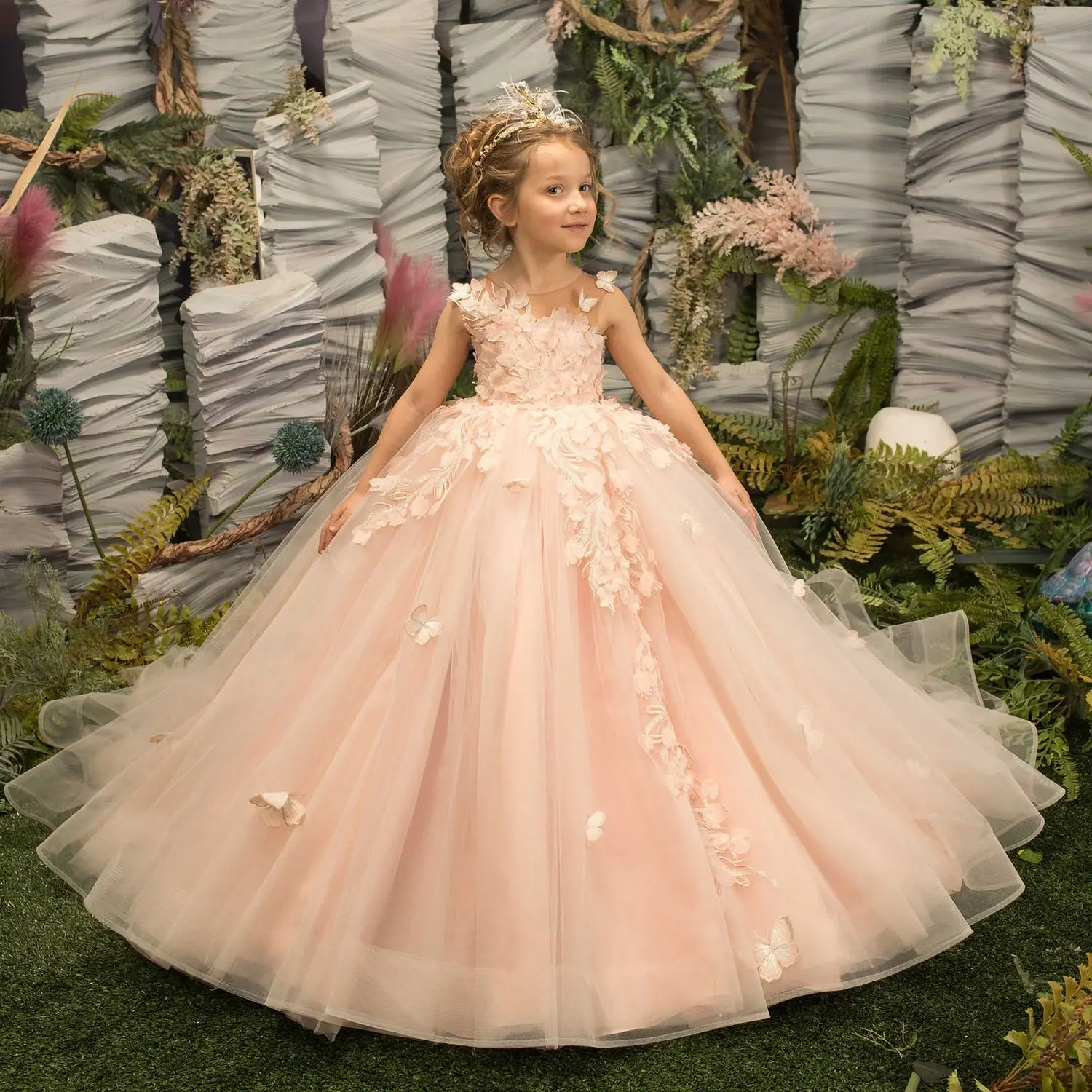 

New Fairy Pearl Pink Flower Girl Dress Princess Lace Floral Appqulies Tulle Fluffy Skirt Floor Length Ball Gowns Comuunion Party