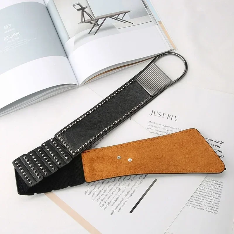 *Fashion High Quality Ladies Rivet Wide Belt Coat Dress Decorated Waist Elastic Punk Girdle Belts for Women Luxury Designer Bran