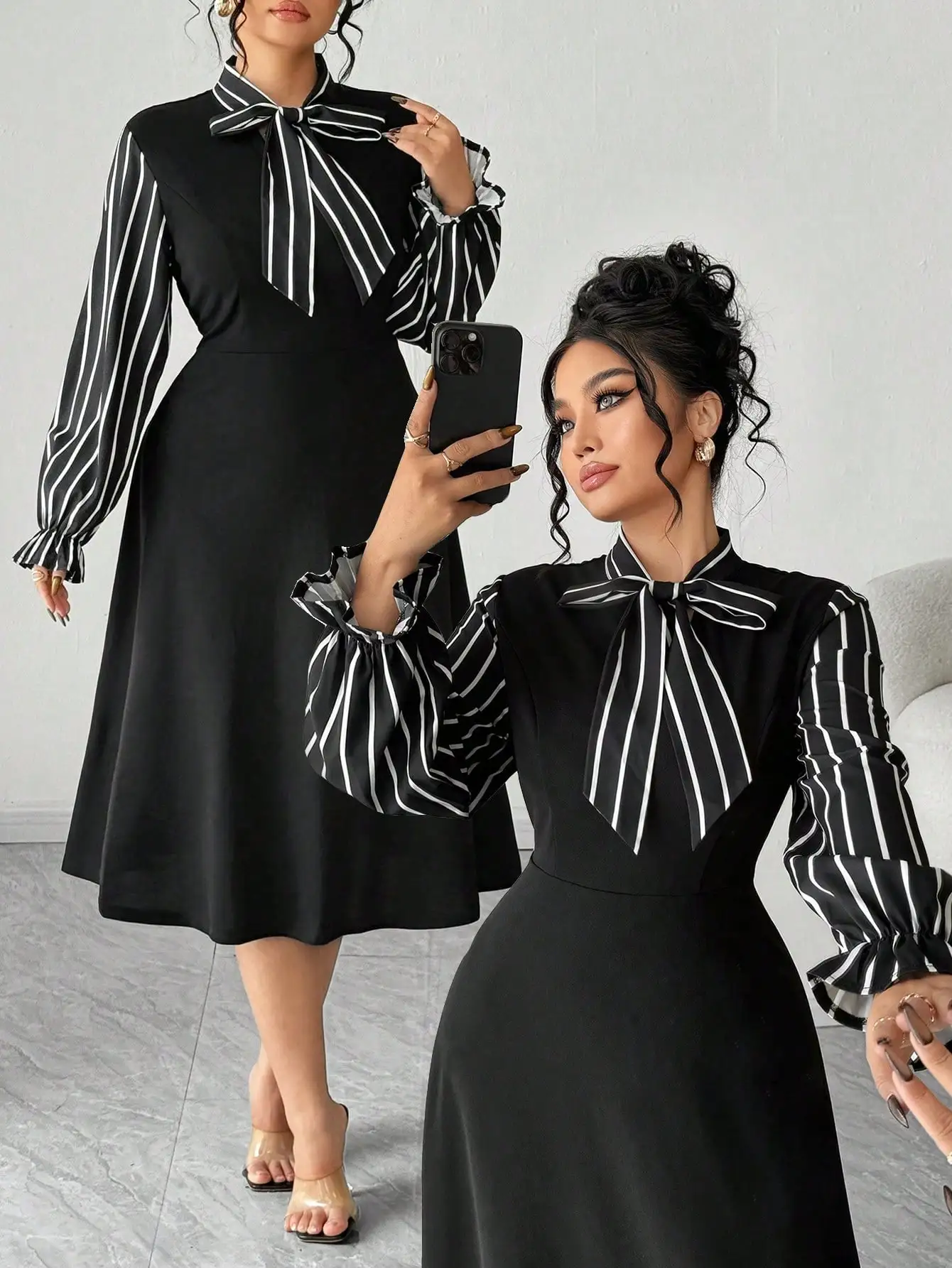 

Black A-Line Dress with Striped Bow Neck and Puffed Sleeves for Autumn Winter