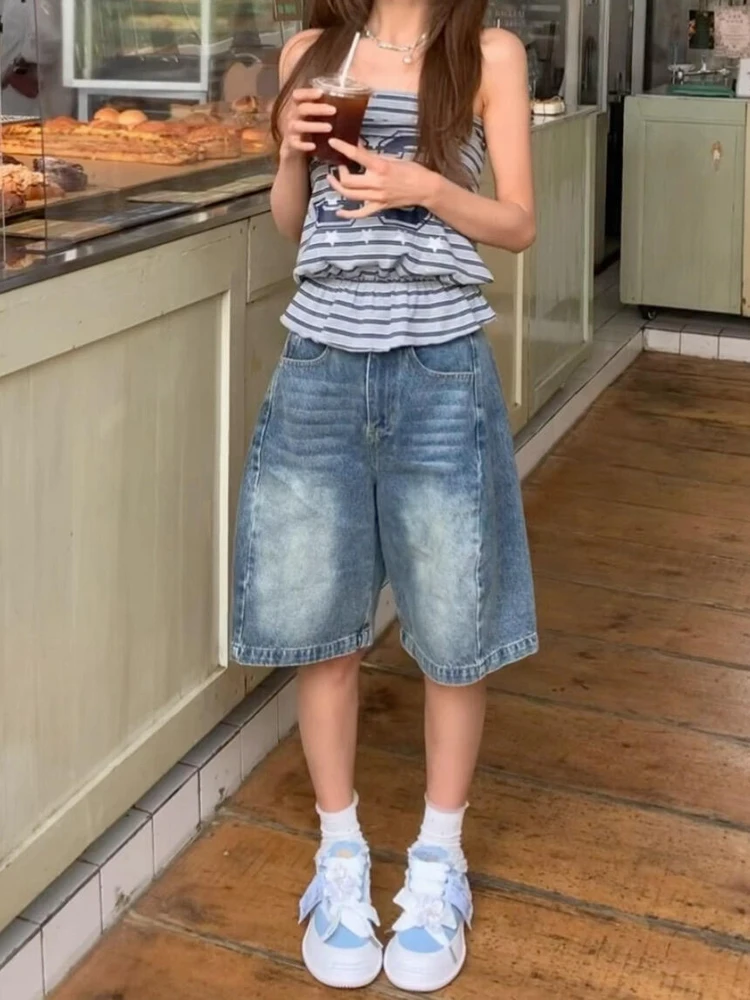 

Sweet Cool Spicy Girl American Style Deconstructed Five-Point Denim Shorts Women Summer New Loose Slim Wide Leg Mid-Pants Hot...