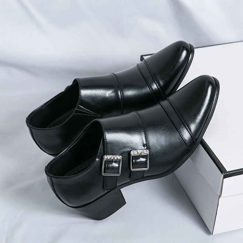 Fashion High Heels Men Shoes PU Pointed Double Button Daily Hairstylist Shoes Breathable Banquet Men Shoes Large Size 38-46