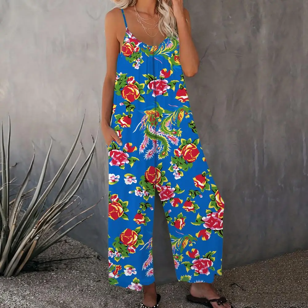 

Women Summer Jumpsuit Loose Jumpsuit Northeast Style Floral Print V Neck Jumpsuit with Side Pockets Elegant Wide Leg for Wear