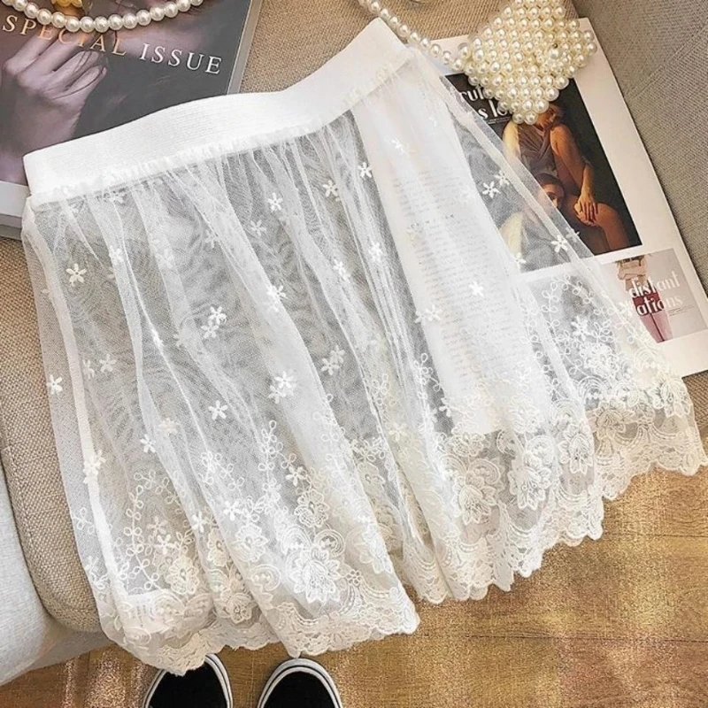 Y2k jupe en dentelle femmes Style coréen taille élastique maille transparente a-ligne Mini jupes été doux superposé Falda Mujer