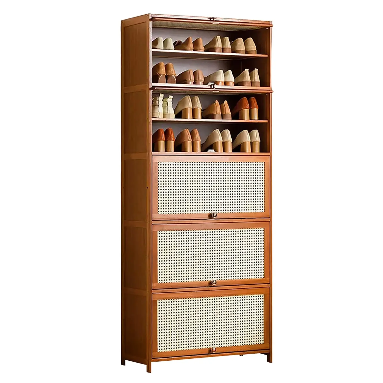 

Bamboo Shoe Cabinet Modern Entryway Storage Cabinet with Rattan Doors Flip Shoe Rack Cabinet Organizer for Hallway