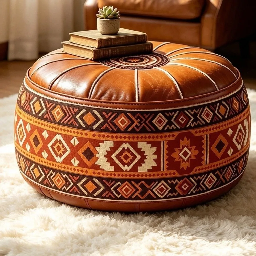 PU Leather Round Sofa Stool Cover Vintage Space-Saving Seat Cushion Cover Waterproof Foldable Tatami Sitting Mat Apartment