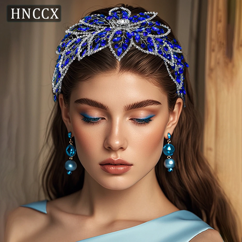 HNCCX Blue Color Wedding Hair Accessories Rhinestone Bridal Headband Woman's Headwear Luxury Bridal Headpiece Tiara CP803