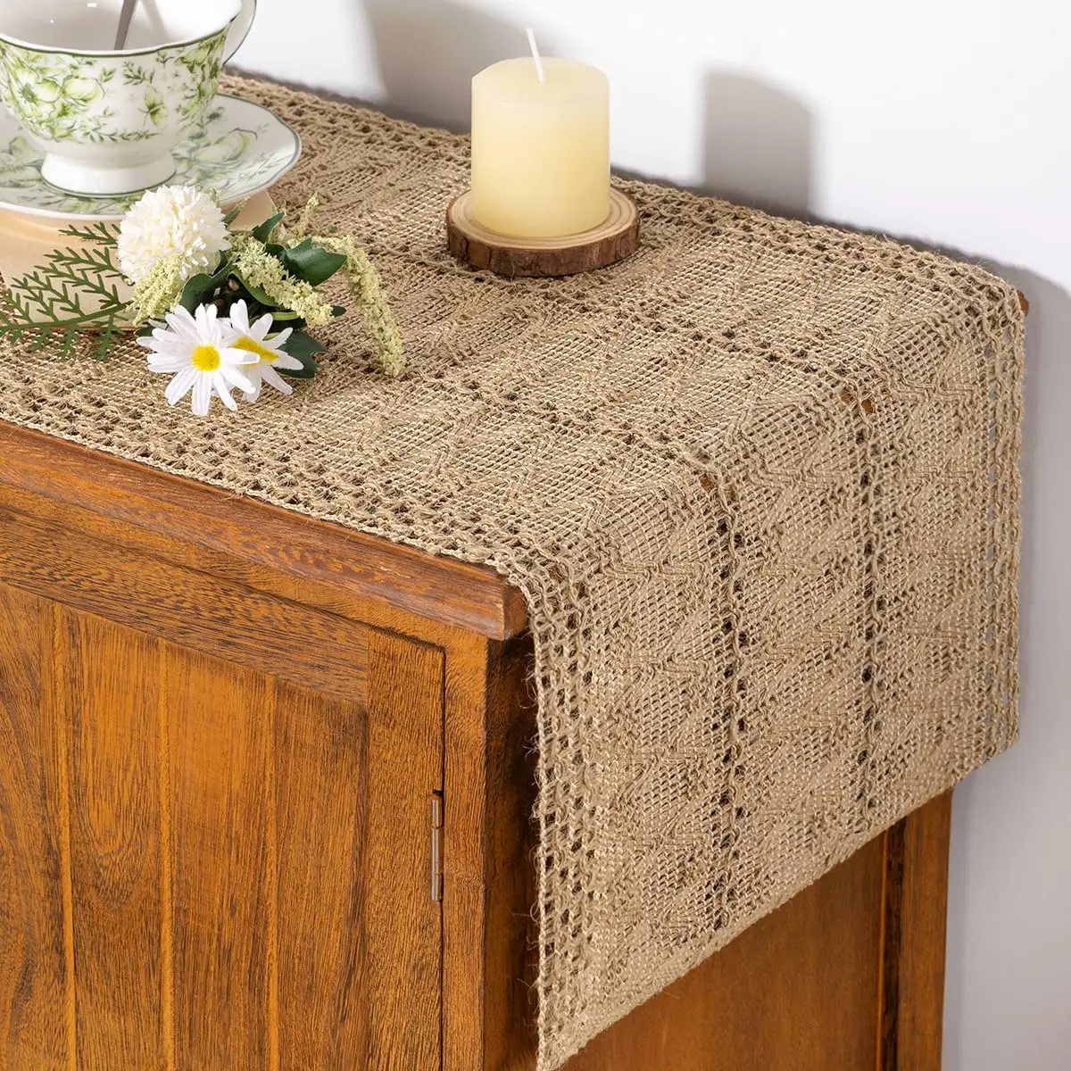Camino de mesa pequeño de arpillera, macramé rústico bohemio, primavera, Pascua, Yute, Vintage, mesa de centro de granja, tocador, bufanda para comedor