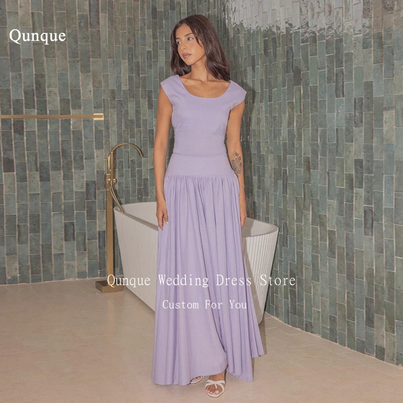 

Qunque Lavender A-line Evening Dresses Robe De Soirée 2024 New Pleated Sheer Neck Backless Party Prom Gowns Vestido De Noche