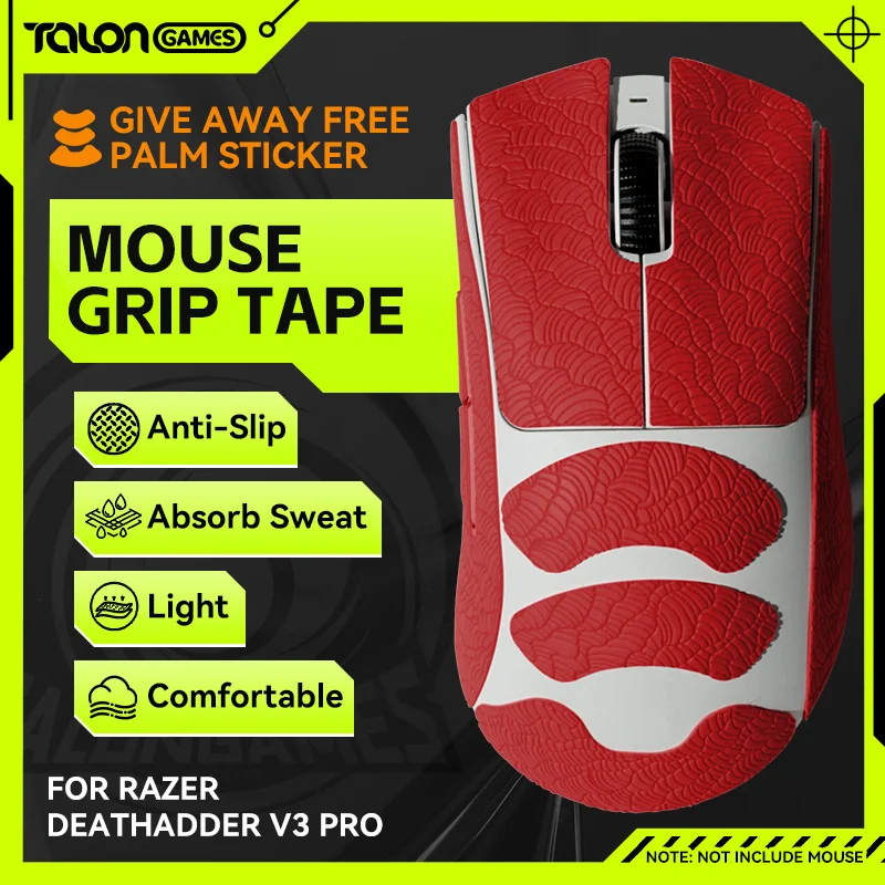 

TALONGAMES Mouse Grip Tape For Razer DeathAdder V3 Pro Mouse,Palm Sweat Absorption, Side All Inclusive Red Anti-Slip Tape