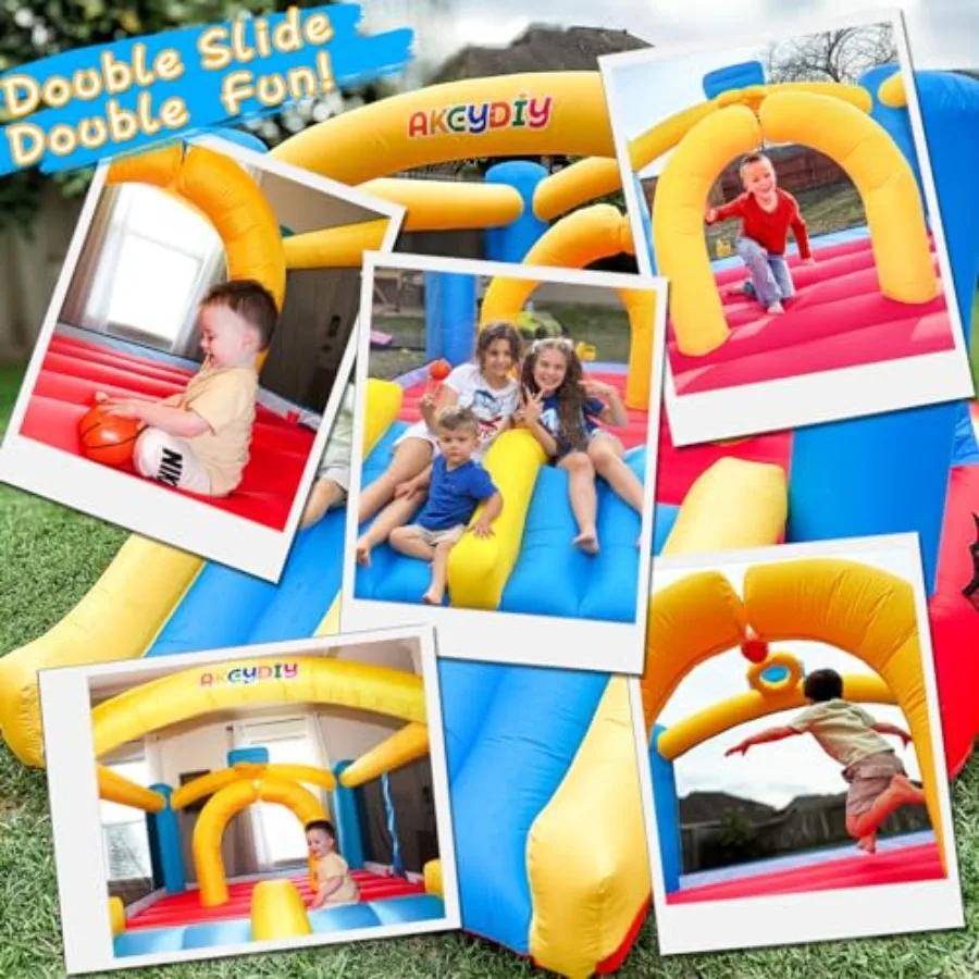 12フィートx8.8フィートの屋外用バウンスハウス用デュアルレーンバウンスハウススライドコンボ、デュアルレーン障害物アーチ付きインフレータブルバウンスハウス