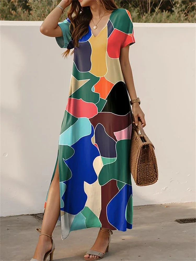 

New Colorful Splicing Color Summer Slit Short Sleeve Long V Neck Women's Dresses Loose Large Size Party Elegant Dress