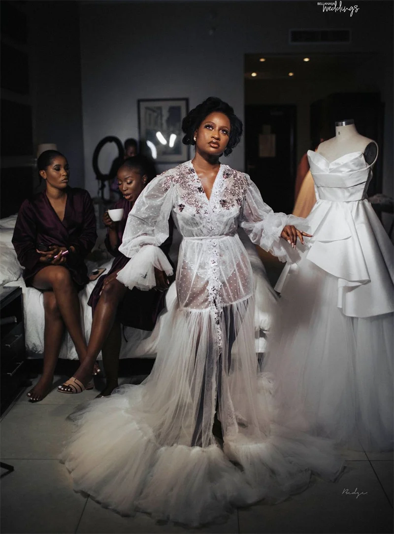 

White Women Prom Dress Full Sleeve Bridal Morning Robe Luxury Stone Crystals Tiered Tulle Evening Gown Sleepwear Customized