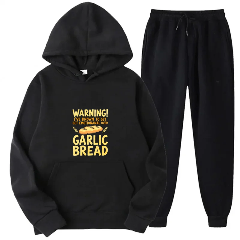 طقم هوديي رمادي بنمط ونص مطبوع عليه خبز الثوم