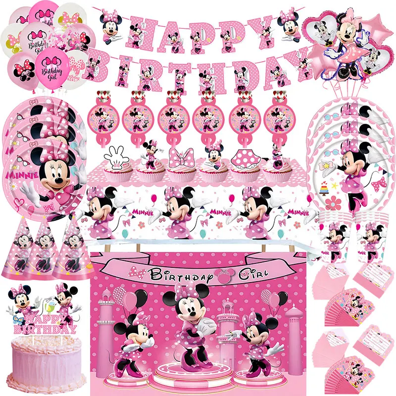 Décoration d'anniversaire Minnie Mouse, vaisselle Minnie mignonne, assiette, tasse, serviette, nappe, ballons, bannière, sacs cadeaux, fournitures pour fête d'enfants