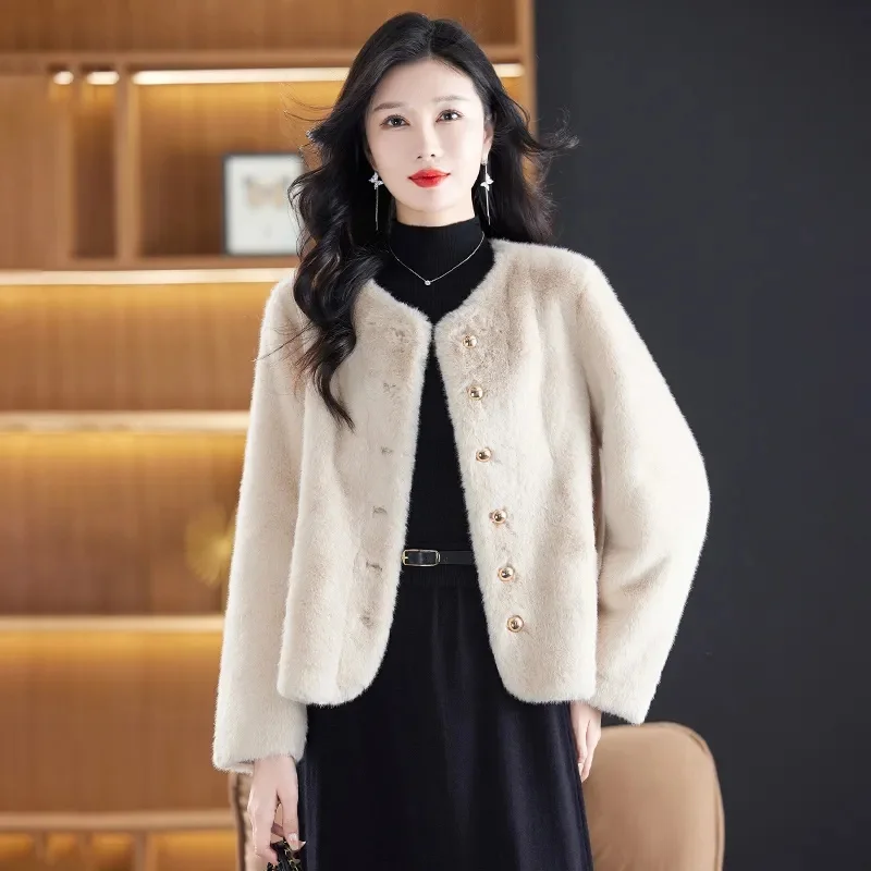 

Winter Women High End Long Sleeves Faux Fur Coat Korean Femme Fashion Leisure Fur Tops Jacket 2025 Lady Round Neck Plush Outwear