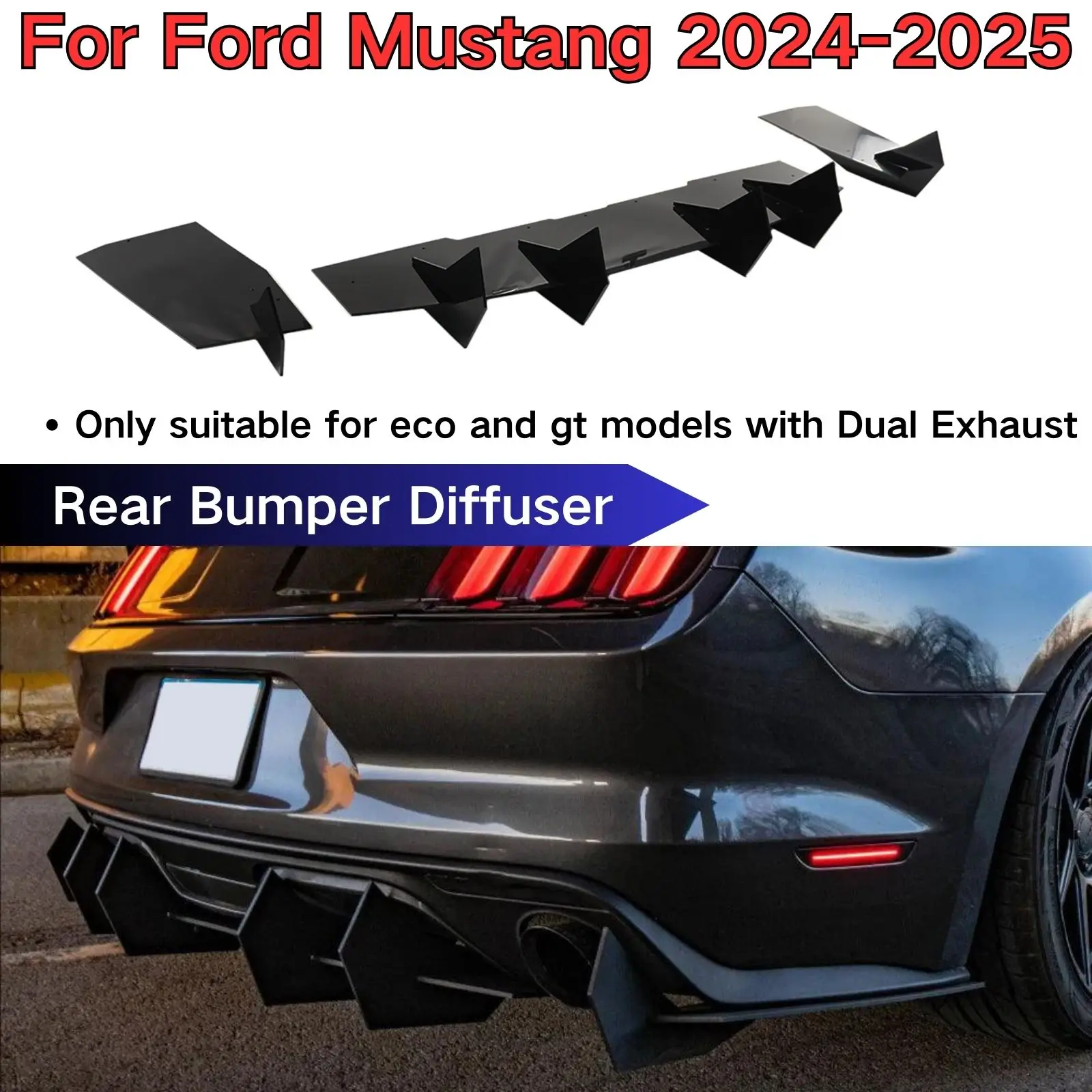 

For Ford Mustang 2024-2025 Eco/GT Rear Bumper Diffuser With Dual Exhaust Car Accessories Body Kit Spoiler Splitter Glossy Black
