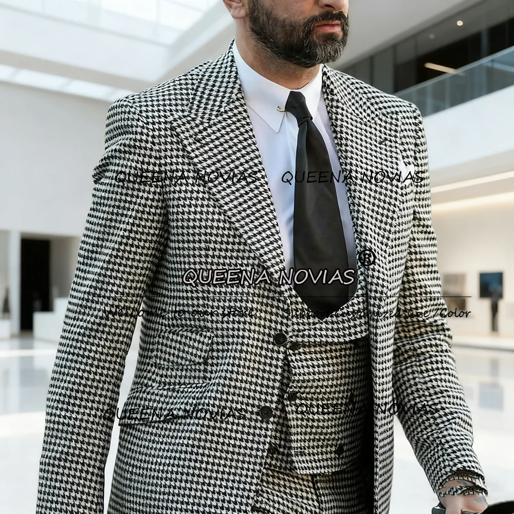 

Деловые костюмы с узором «гусиные лапки», мужские однобортные пиджаки для выпускного вечера, индивидуальная одежда для жениха, свадебные смокинги, комплект из 3 предметов, костюм Homme