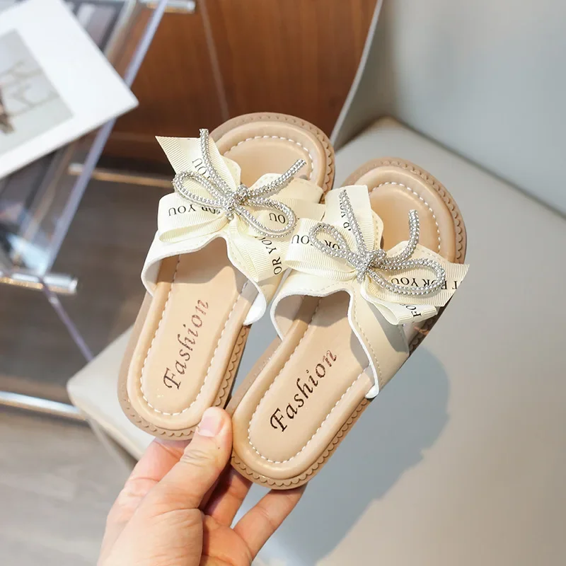 

Детские тапочки для девочек, летние милые повседневные пляжные шлепанцы без задника, с бантом, модные мягкие домашние тапочки для детей с открытым носком