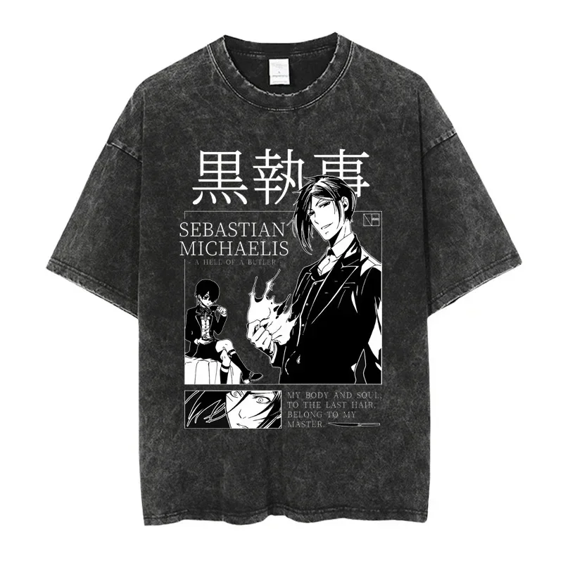 Japanese Hot Anime Black Butler Michaelis Sebastian Washed T-shirt Personality Clothes Oversized Unisex Year Round Clothing Soft