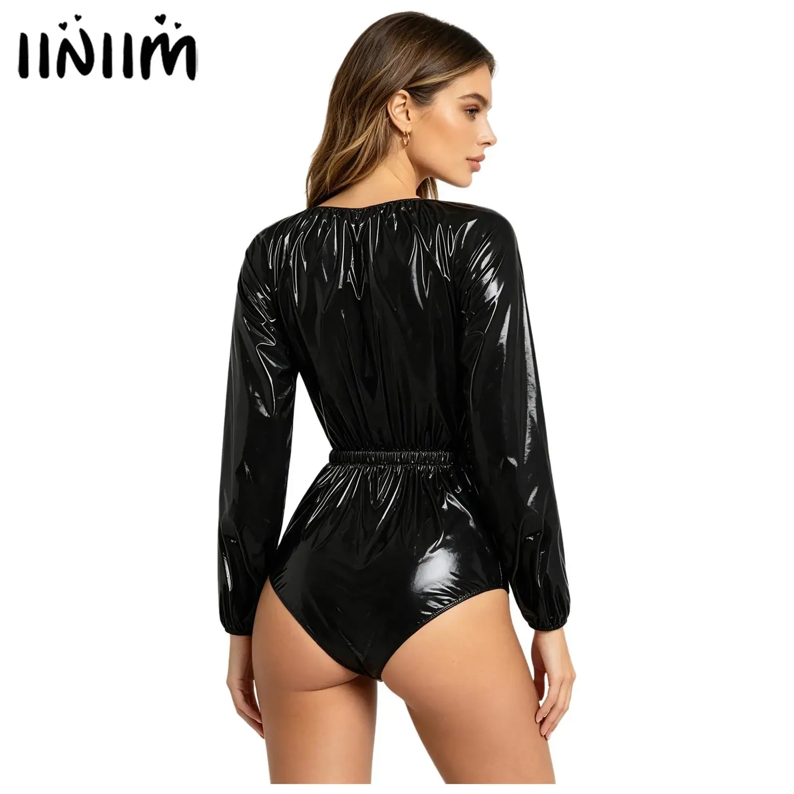 Womens Shiny Waterproof Diaper Over Bodysuit Swimsuit Buttoned Crotch One-piece Leotard Rompers Adaptive Special Needs Clothing