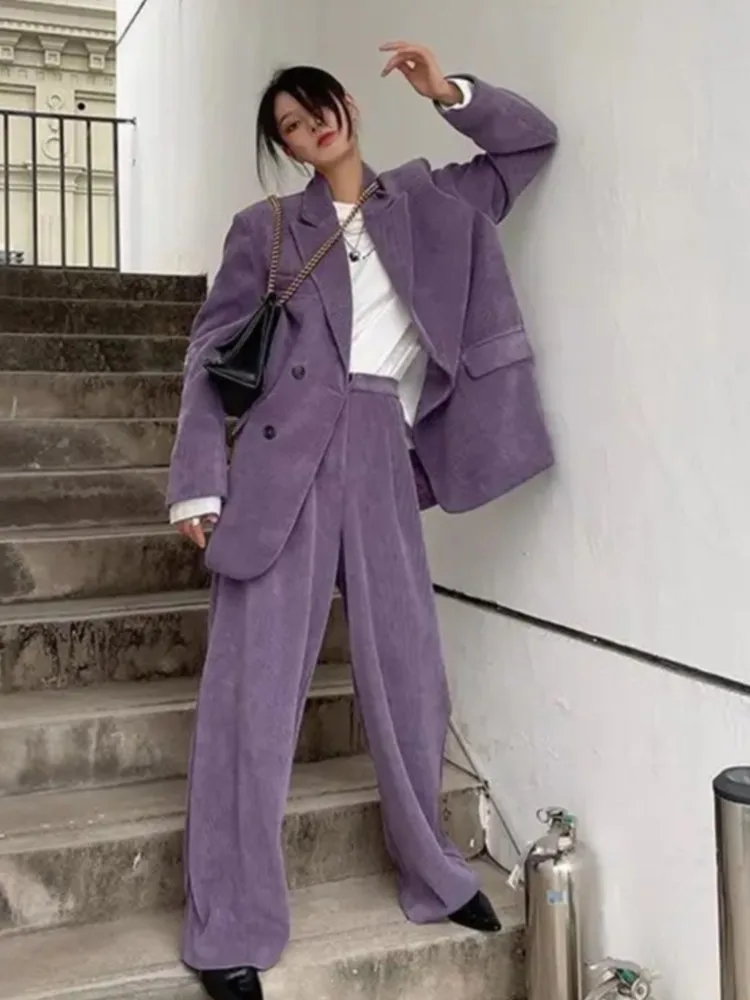 سيدات الأعمال السراويل الدعاوى خمر الشارع سروال قصير عادية مزدوجة الصدر السترة عالية الخصر بنطال ذو قصة أرجل واسعة 2 قطعة تأليف