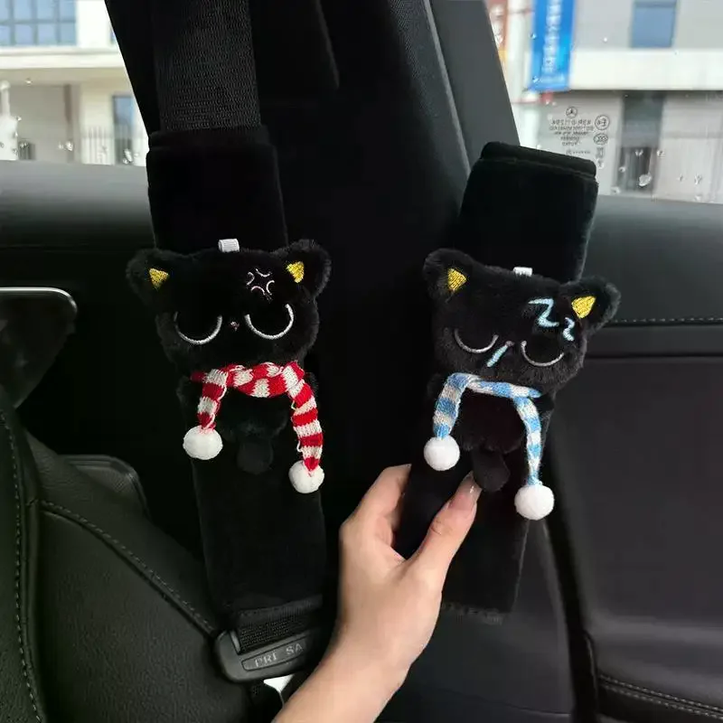 Plush Black Cat Car Seat Belt Shoulder Pads Soft Fluffy Cute Cartoon Design For Daily Driving Car Interior Decor
