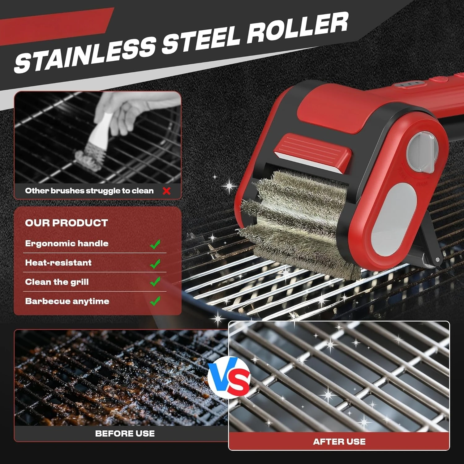 

Electric Grill Brush, Grill Cleaner with LED Light, 700–800 RPM Stainless Steel Bristles, 304 Removable Brush Head, Cordless·Hot