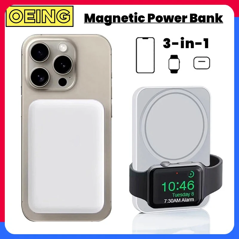 

3 in 1 Magnetic Powerbank Wireless Fast Charger For Magsafe Power Bank Portable External Battery For iPhone AirPods Apple Watch