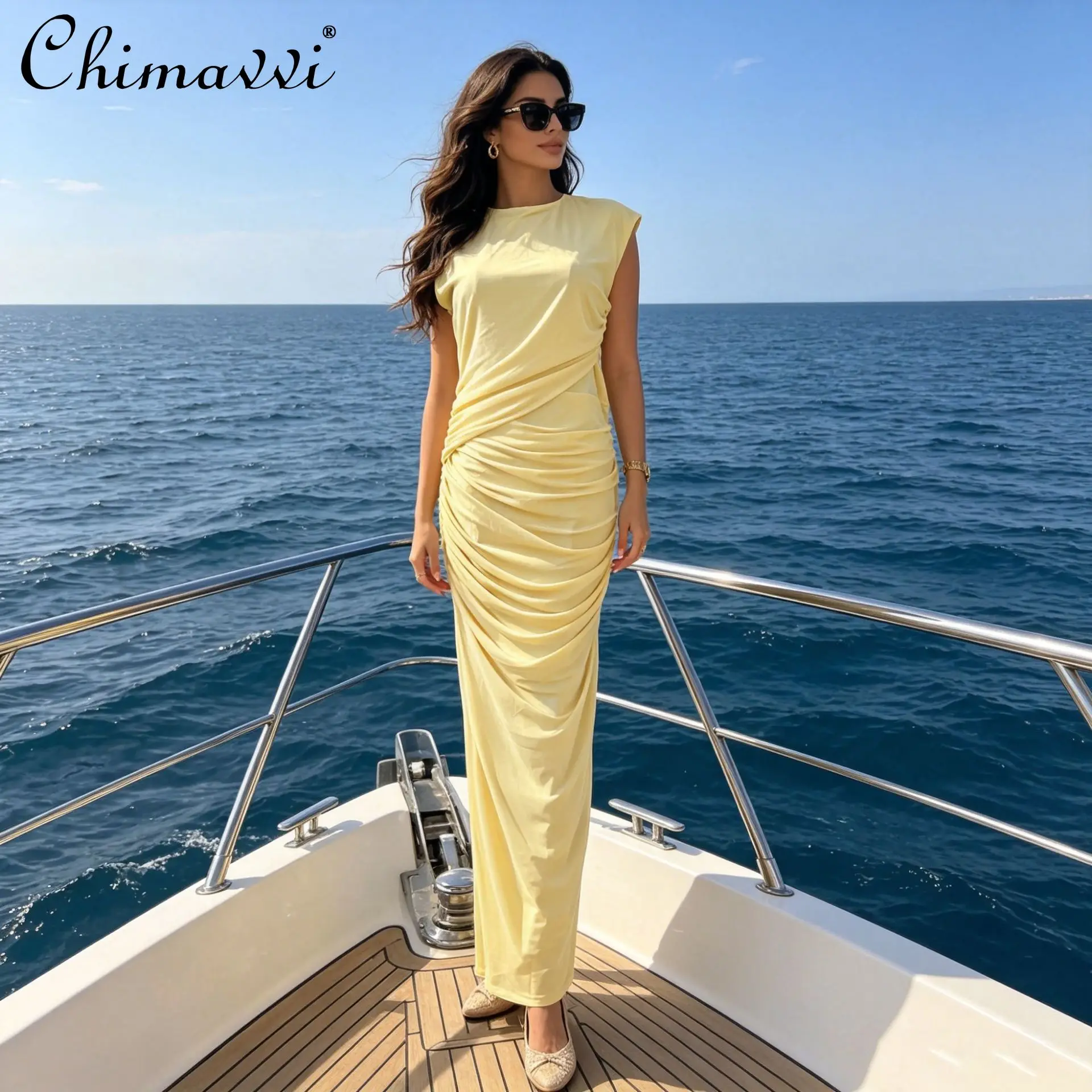 

French Elegant Fanshion Retro Banquet Evening Dress Sleeveless Pleated High Waist Bodycon Holiday Long Dresses Women 2026 Summer
