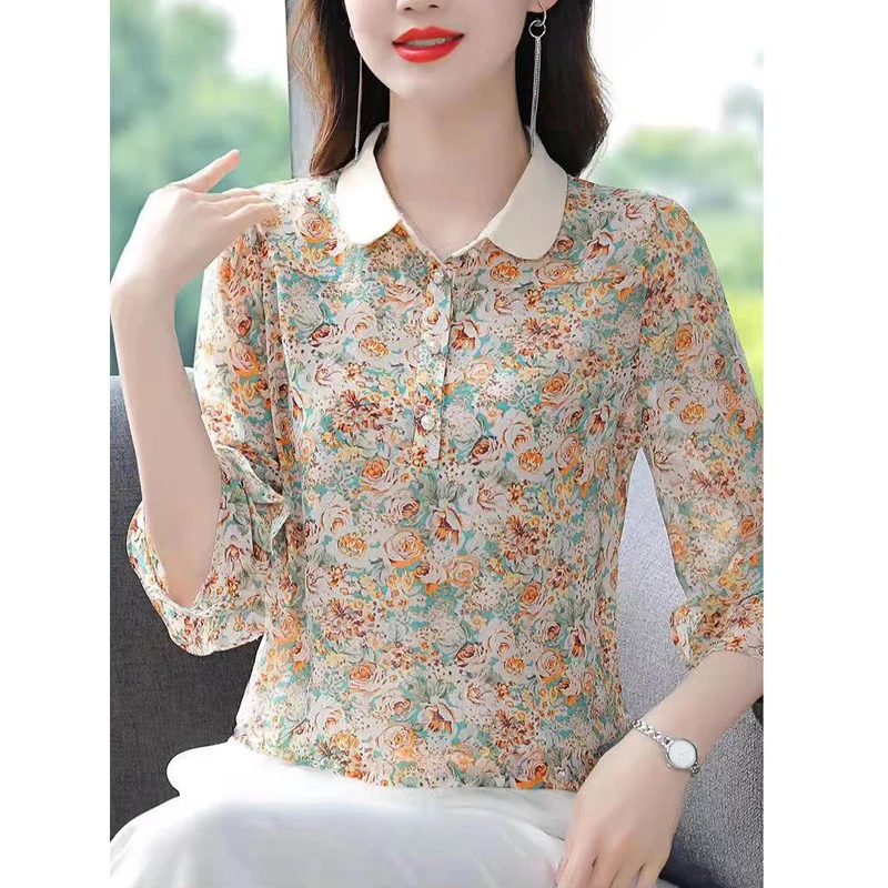 Women Floral Print Beaded Button Shirts Spring Summer Fashion Elegant Loose Blouses Ruffles 3/4 Sleeve Chic Tops Blusa Feminina