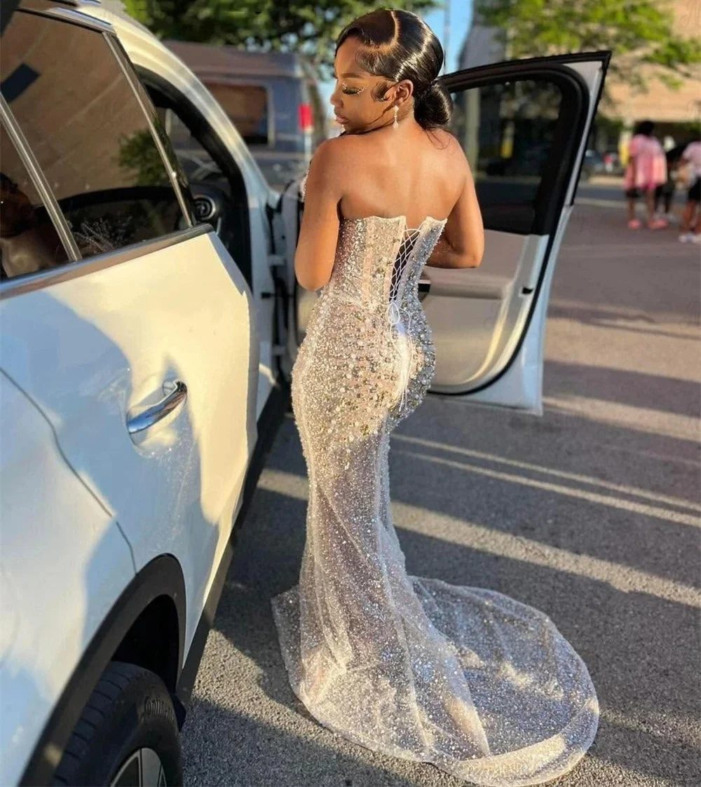 Abiti da ballo con perline scintillanti 2025 Sirena di lusso Perle 3D Corsetto Aso Ebi Festa di nozze Compleanno Abito da sera formale Personalizzato