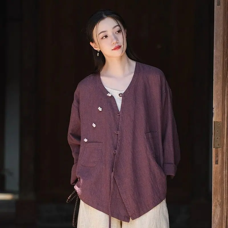 

Retro Button-down Top for Women Chinese Style Tea Suit Spring Autumn Lace-up Jacket Short Cotton and Linen Cardigan Clothing New