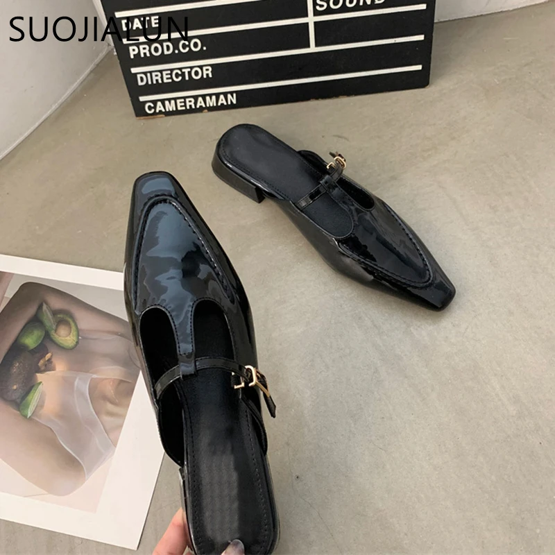 SUOJIALUN 2023 Summer New Women Slipper Fashion Slip On Ladies Elegant Mules Shoes Square Low Heel Dress Sandal Casual Slides