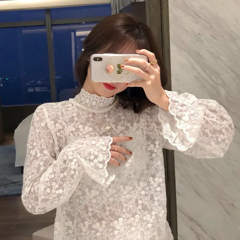 

Women's Spring Autumn New Fashion Elegant Half High Neck Long Sleeve Lace Bottom Shirt Casual Versatile Western Commuter Tops