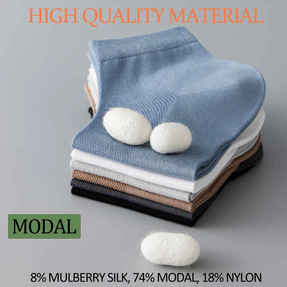 Men's Mulberry Silk Modal Blend Mid-Calf Socks Thin Breathable Mesh Summer Antibacterial Anti-Odor Black Business Dress Socks view 4