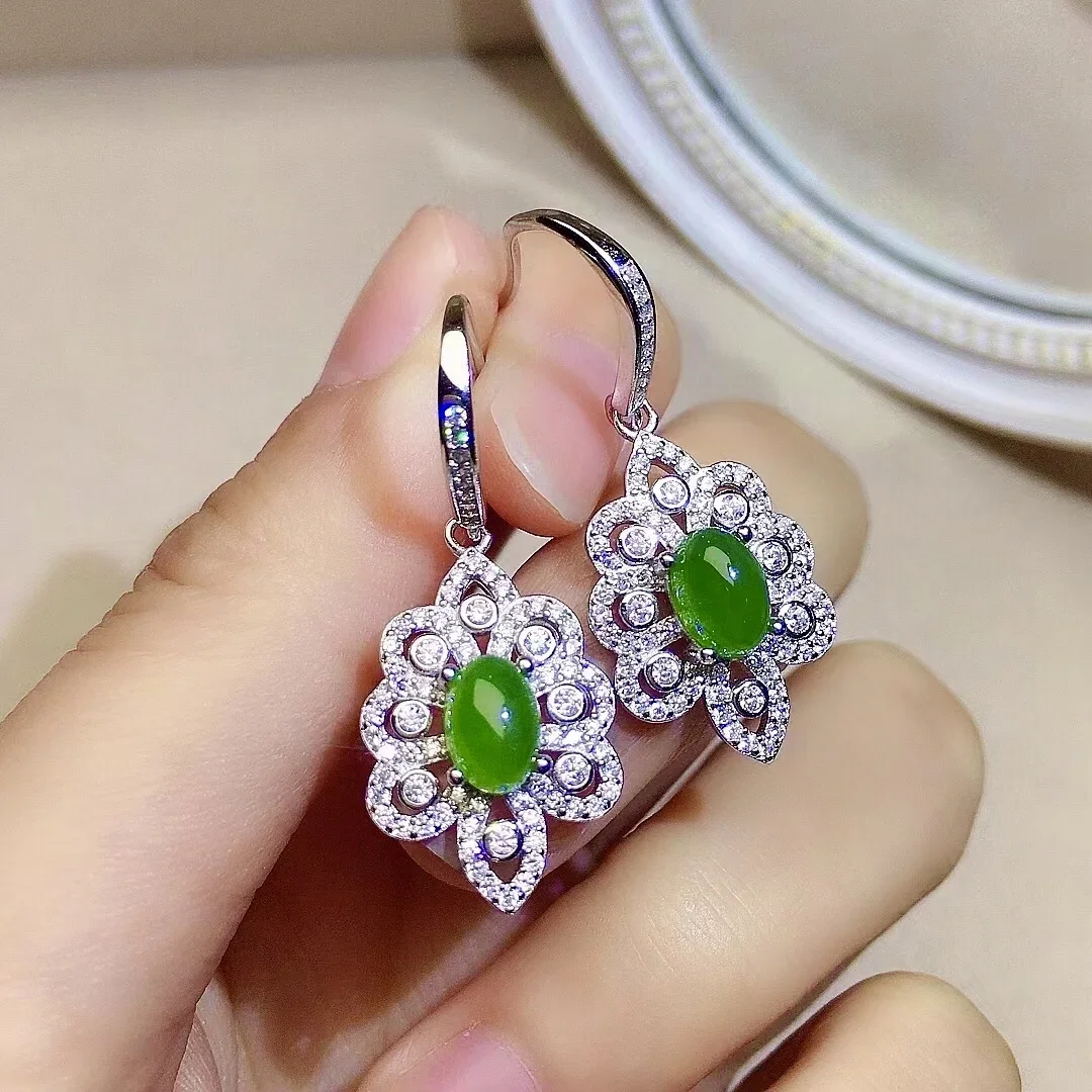 

Vintage Silver Jade Drop Earrings for Party 5mm*7mm 100% Natural Green Jade Eardrop Solid 925 Silver Jade Jewelry