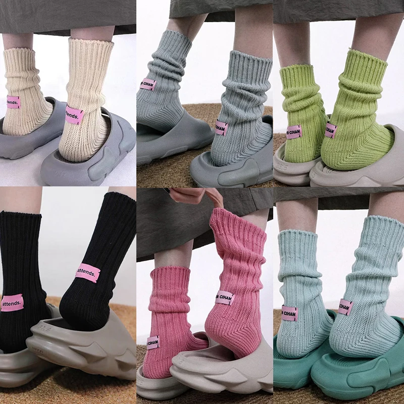 Korean Needle Thick Thread Knitted Middle Tube Socks Cotton Japanese Simple Pink Label Men Women Couples Sports Stacked Socks