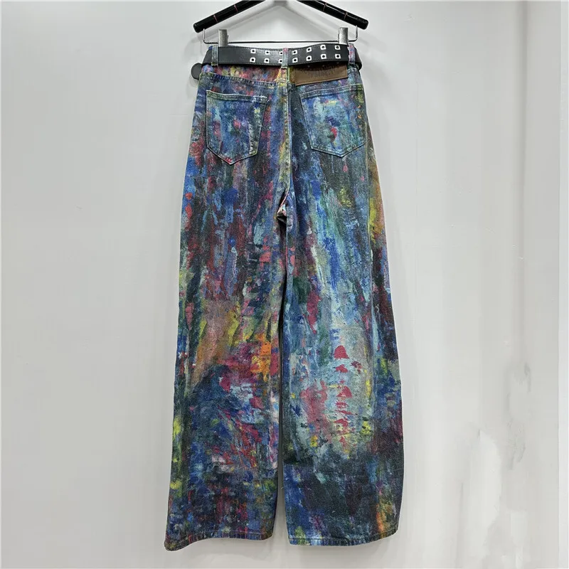 ANJY 2025 Autumn New Women European Stylish Tie-Dye Wide-Leg Jeans Fashion Color-Block Patchwork Print Casual Denim Pants A14513