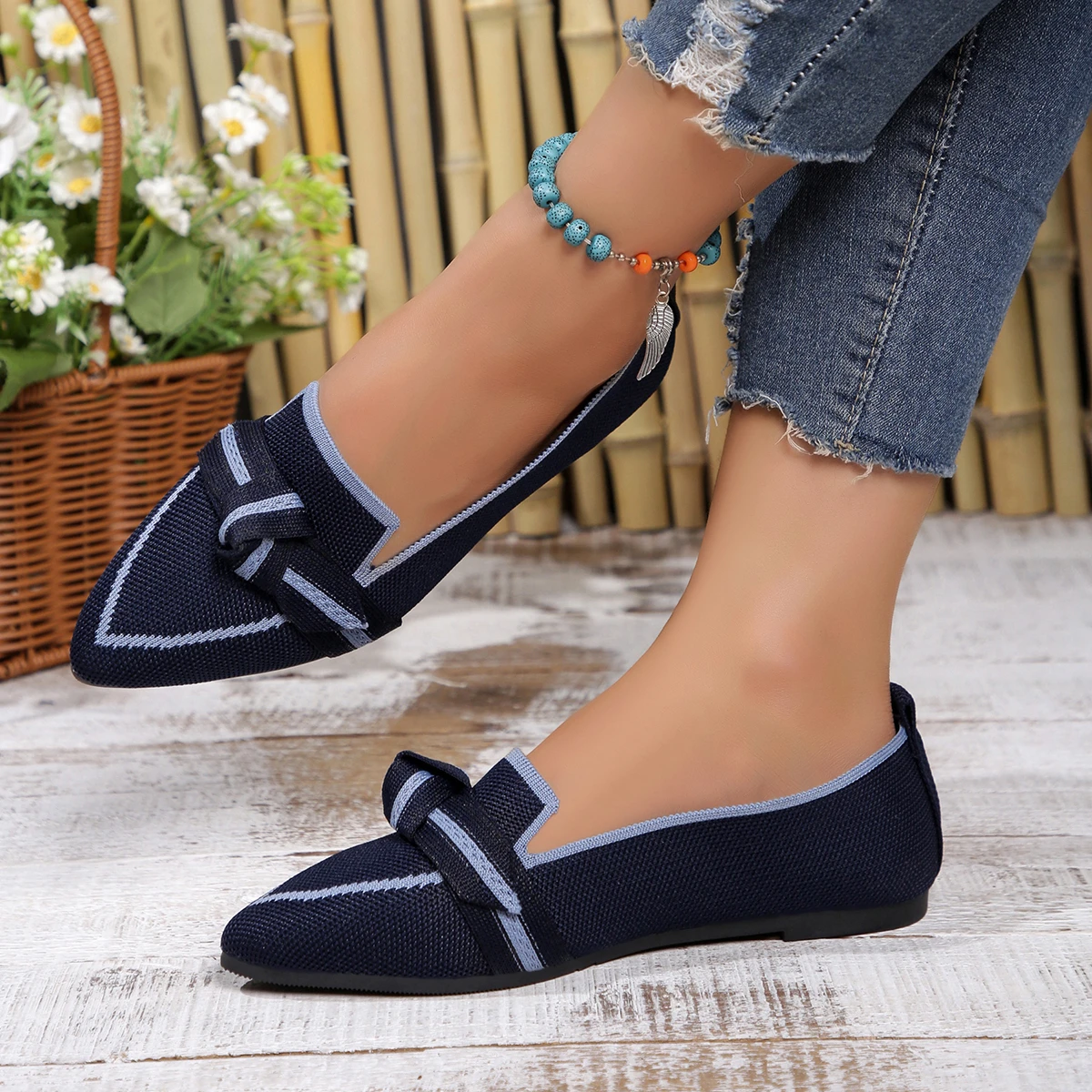 أحذية قماش زلق للنساء ، حذاء مسطح بمقدمة مدببة ، قوس مطابق للألوان ، موضة السيدات ، جديد ، تخفيضات كبيرة ، #4