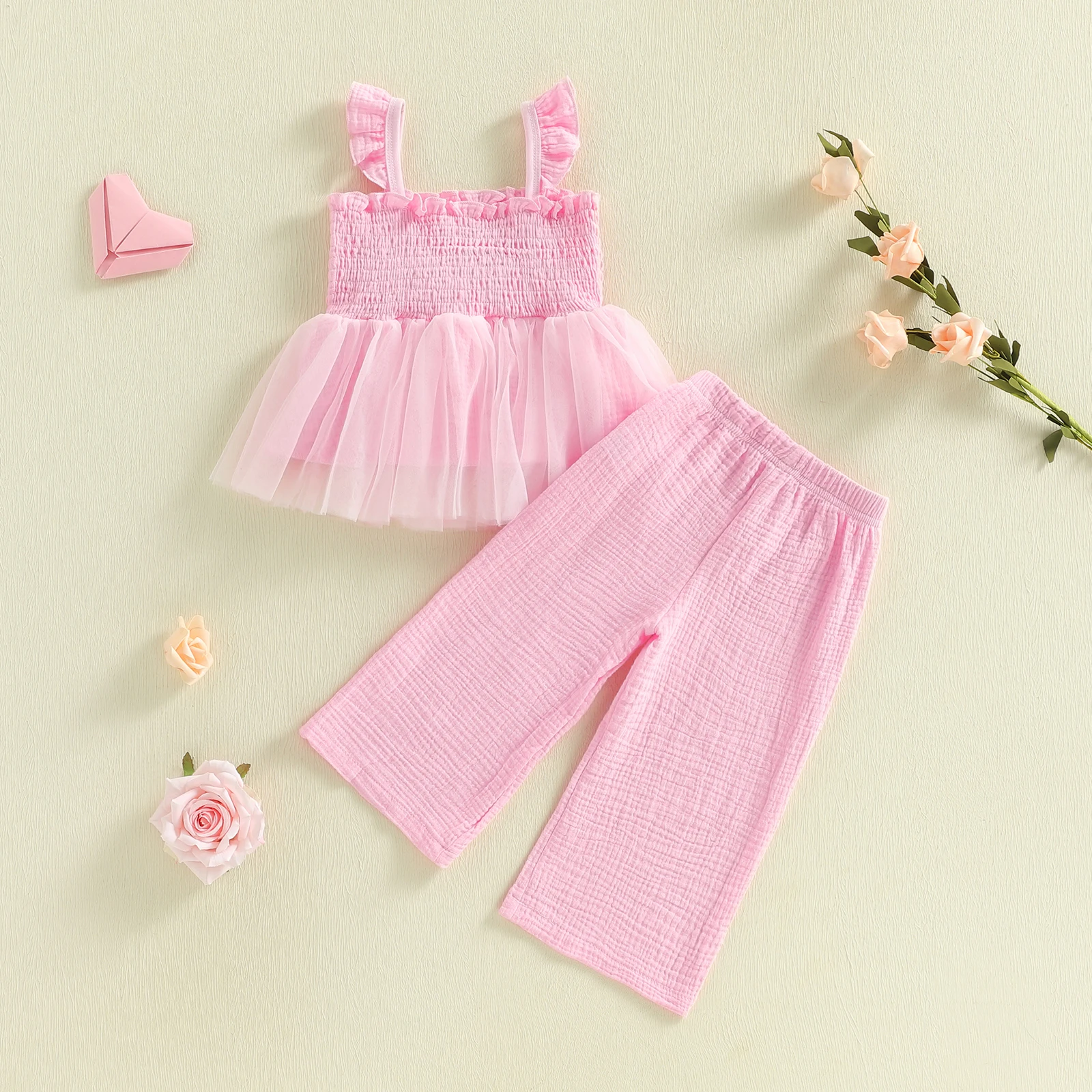 طفل رضيع ملابس طفلة الصيف رسالة مطرزة Smocked تمثال نصفي تول تانك القمم الصلبة واسعة الساق السراويل الملابس مجموعة