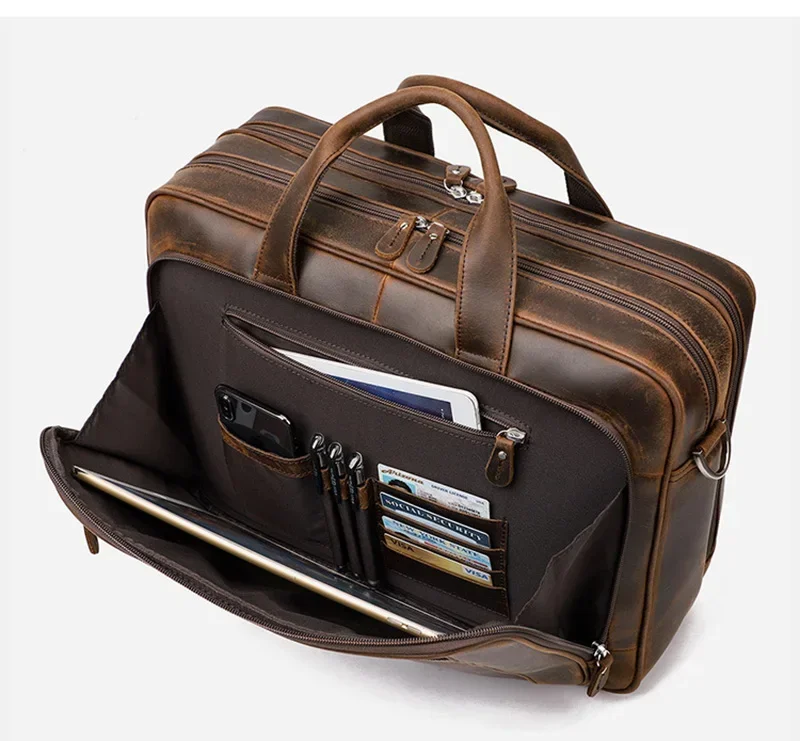 Maleta de couro genuíno para homens, bolsa de negócios, bolsa de couro, bolsas de ombro grandes, couro de cavalo louco, bolsa para laptop