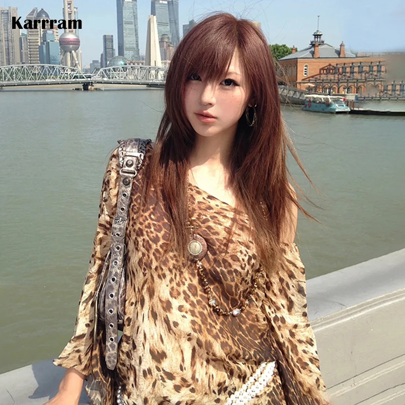 Karrram japonês y2k leopardo impressão vestido trashy 2000s estilo fora do ombro vestidos vintage harajuku vestidos de festa americano retro