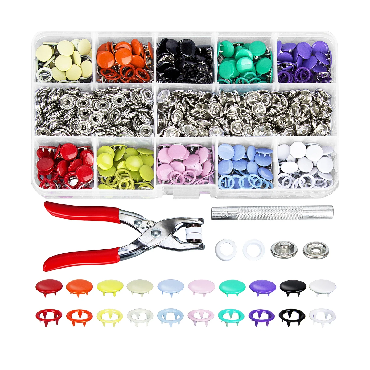 100/200 Sets of Five Claw Button Kits with Tools, Hollow and Solid Metal Tip Snap Buttons for Garment Craft Sewing