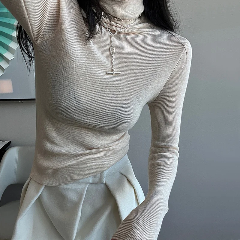 

Women Turtleneck Sheer Knit Top Causal Knit Long Sleeved Top Inside Sext Knit Jumper