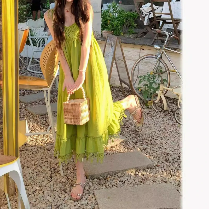 

Europe America Green Tassel Halter Dress for Women 2026 Summer New Style Fashionable and Flowing Bohemian Vacation Long Dress
