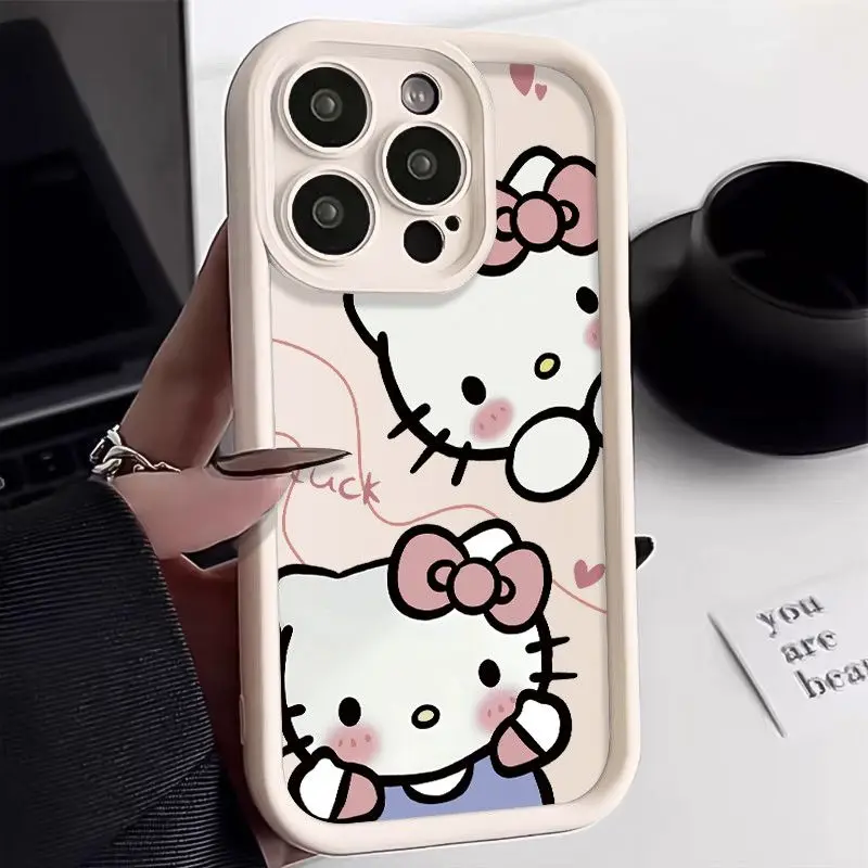 Sanurgente-Coques en silicone liquide Hello Kitty pour iPhone, coque mignonne, coque souple antichoc, originale, iPhone 16, 15, 14, 13, 11, 12Pro