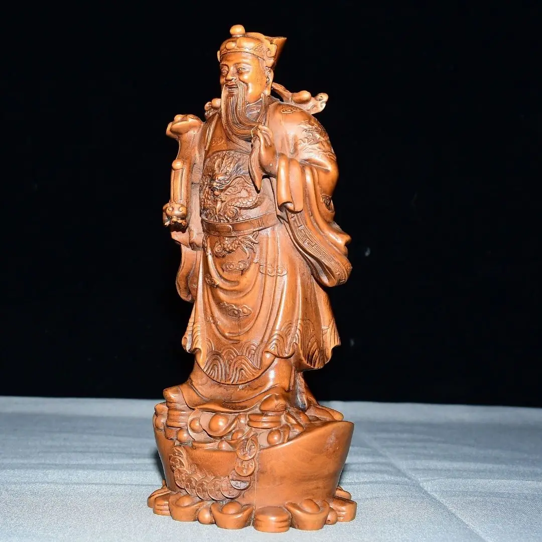 Hand Carved Wood God of Wealth on Yuanbao Statue Figurine Home Desktop Ornament Craft Gift