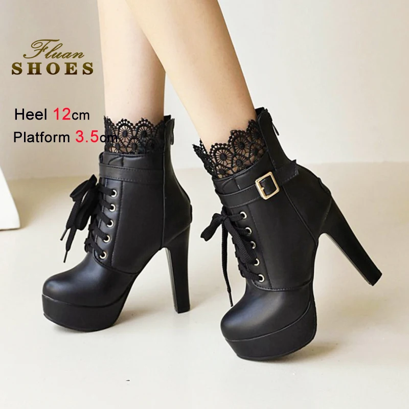 

Женские элегантные ботильоны на шнуровке с пряжкой на высоком каблуке 12 см, черная обувь на платформе для ночного клуба для женщин, модные кружевные полусапожки